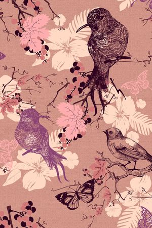 鸟、蝴蝶、葡萄印花华亿平台图片