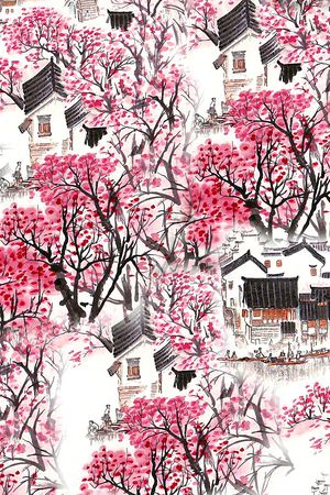 手绘风景印花华亿平台图片