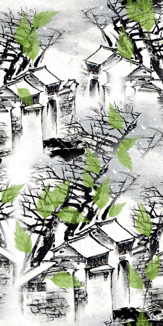 水墨风景印花华亿平台图片