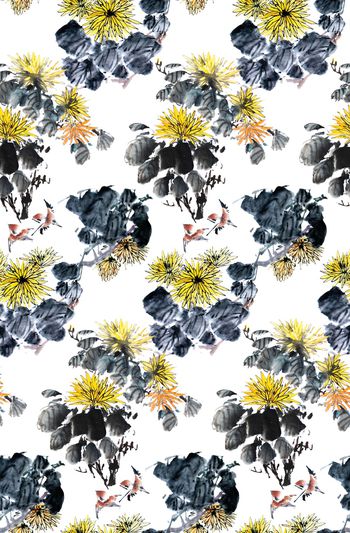 805192-水墨菊花 喜鹊