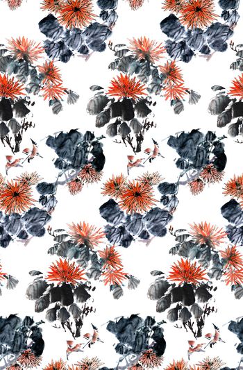 805194-水墨菊花 喜鹊--3