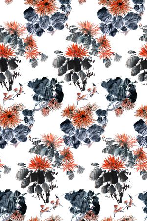 水墨花卉印花华亿平台图片