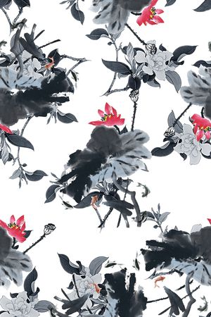 抽象手绘水墨画植物纹理花卉数码印花印花华亿平台图片