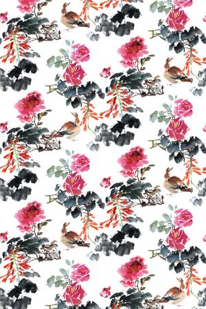 中国风水墨花卉印花华亿平台图片