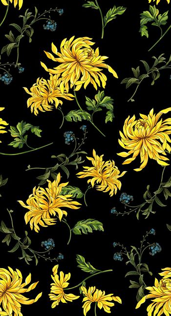 815502-纯手绘黄波斯菊花 大黄菊花 小兰花