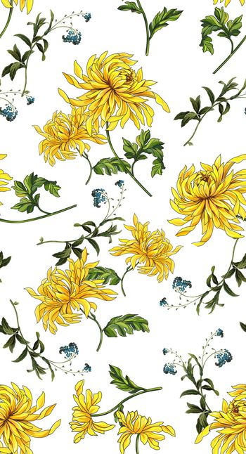 815503-纯手绘黄波斯菊花 大黄菊花 小兰花