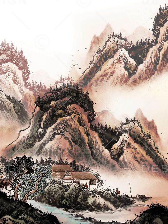 山水画印花华亿平台图片