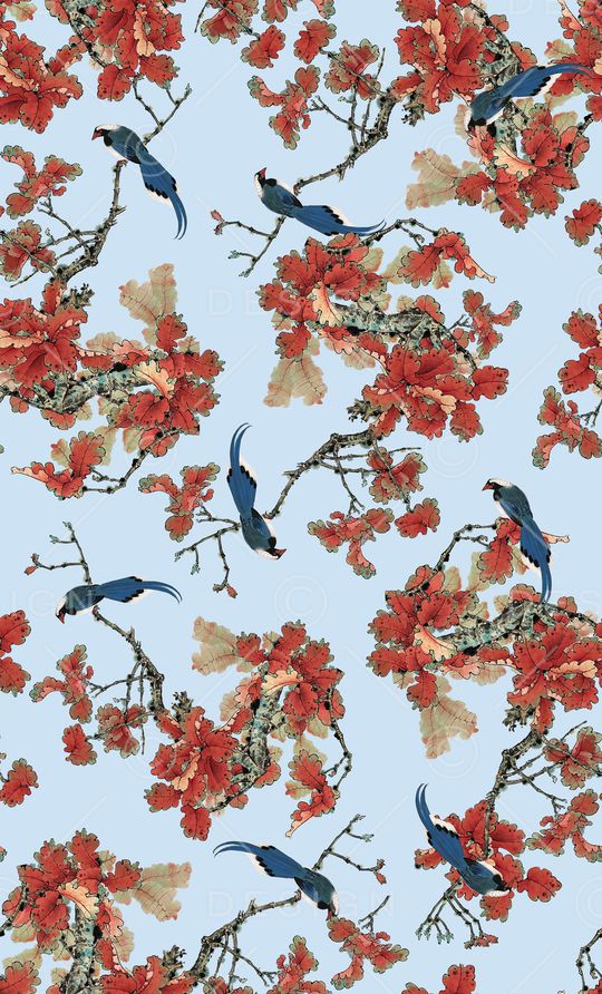 中国风工笔画印花华亿平台图片