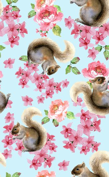 829945-复古手绘花卉，松鼠，牡丹，桃花，玫