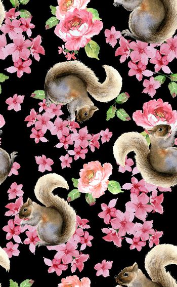 829946-复古手绘花卉，松鼠，牡丹，桃花，玫