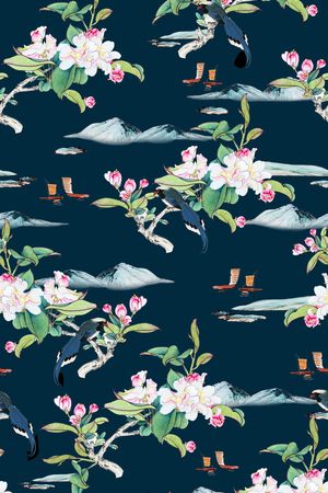 中国画手绘桃花印花华亿平台图片