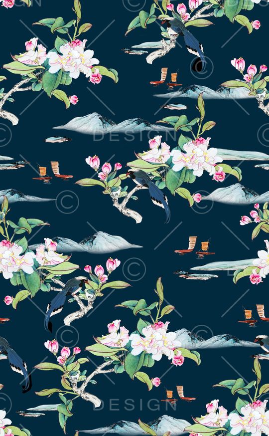 中国画手绘桃花印花华亿平台图片