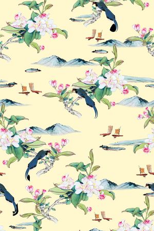 中国画手绘桃花印花华亿平台图片