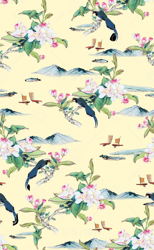 中国画手绘桃花印花华亿平台图片