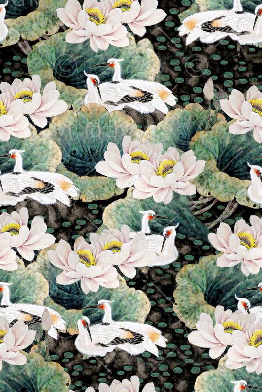 中国风水墨荷花印花华亿平台图片