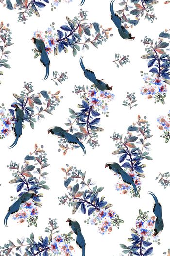 836809-手绘中国风杜鹃花，花卉，鸟-D