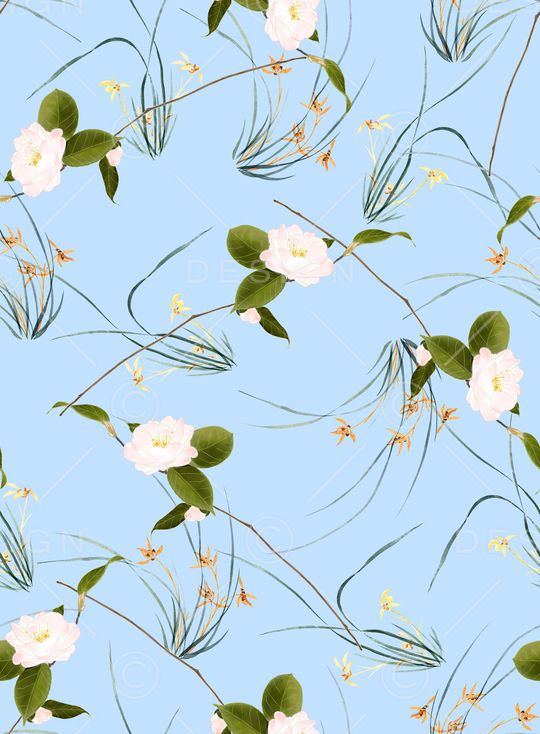 手绘水彩茶花印花华亿平台图片