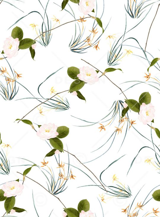 手绘水彩茶花印花华亿平台图片