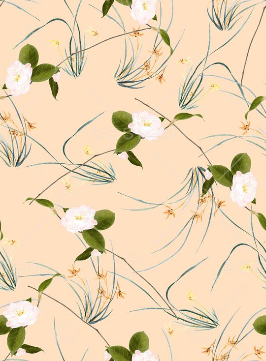 手绘水彩茶花印花华亿平台图片