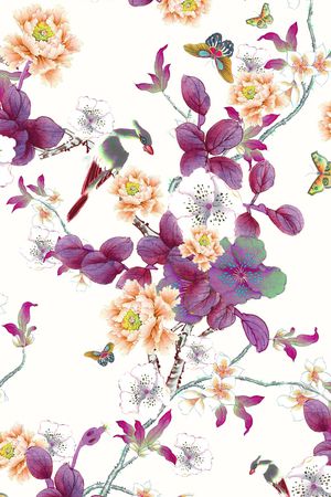 工笔花鸟印花华亿平台图片