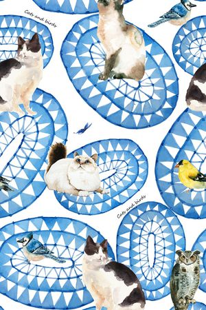 趣味水彩手绘猫咪印花华亿平台图片