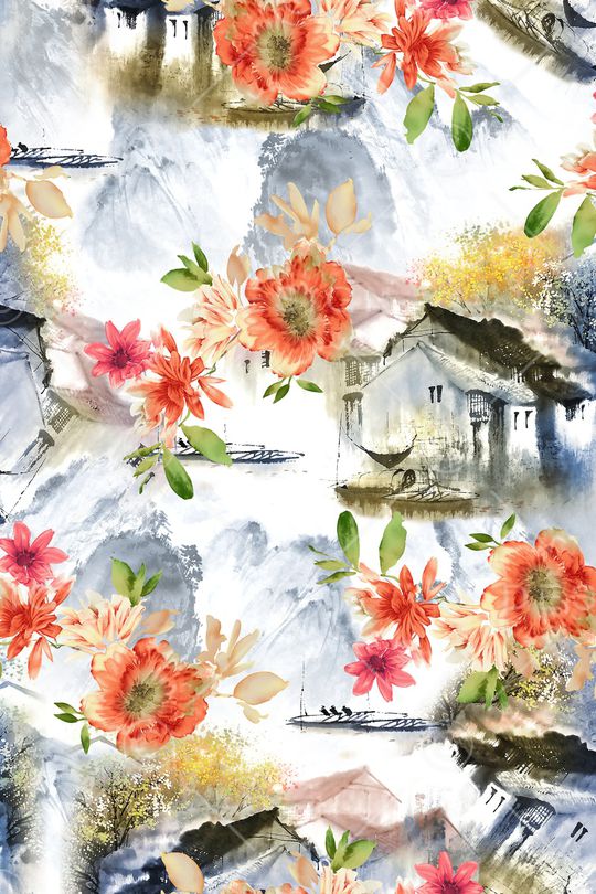 水墨房子印花华亿平台图片