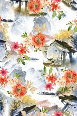 水墨房子印花华亿平台图片