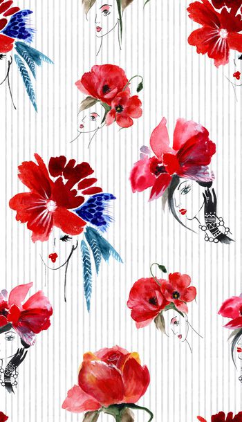 884150-罂粟花女孩线描条纹