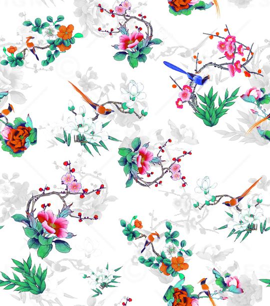 国画花鸟图印花华亿平台图片