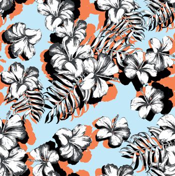 898810-409素描手绘黑白花卉棕桐叶