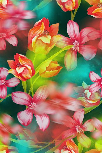 905474-手绘花卉迷幻云彩绿