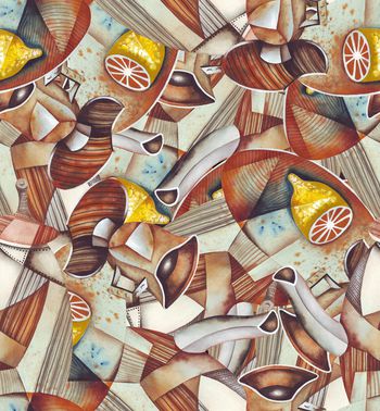 906331-33几何抽象油画柠檬花瓶