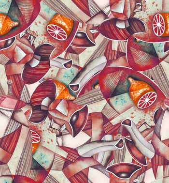 906332-33几何抽象油画柠檬花瓶-b