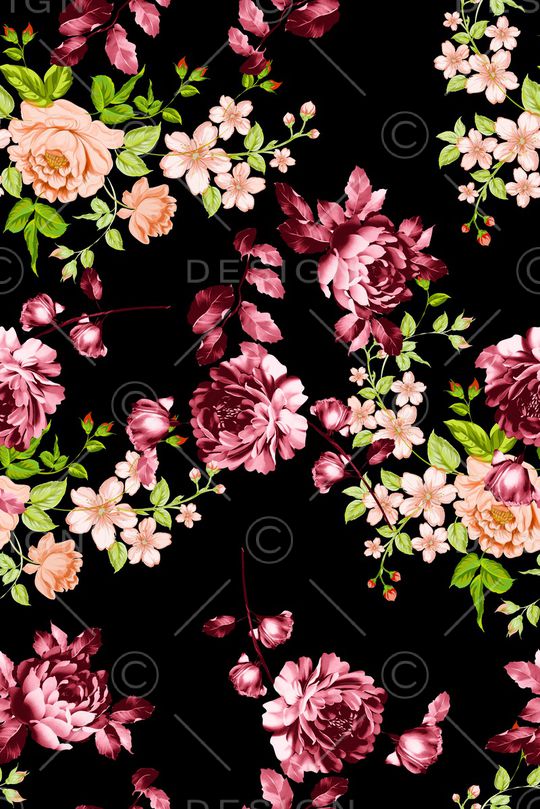 黑底花卉印花华亿平台图片