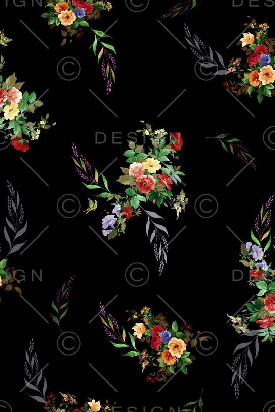 黑底花卉印花华亿平台图片