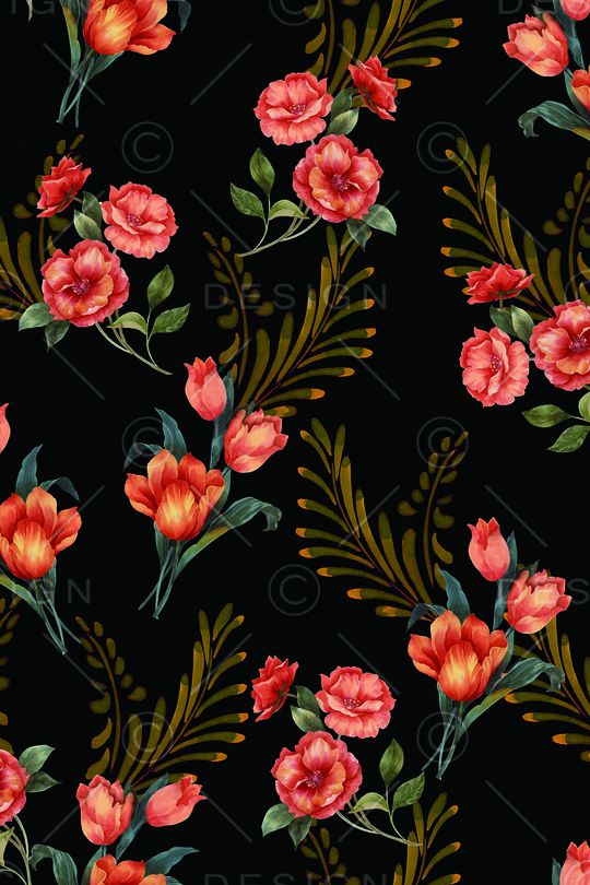 黑底花卉印花华亿平台图片