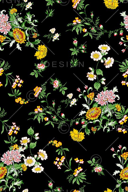 黑底花卉印花华亿平台图片