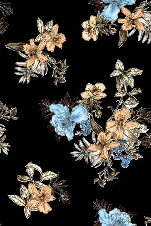 黑底花卉印花华亿平台图片