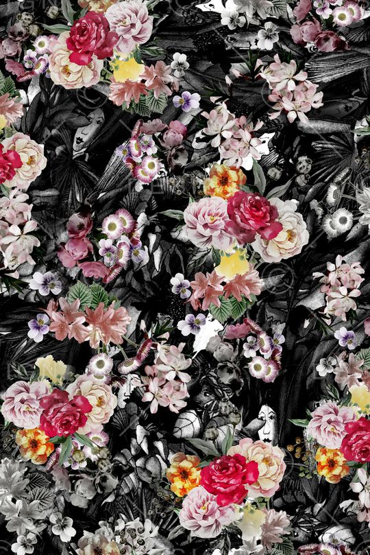 黑底花卉印花华亿平台图片