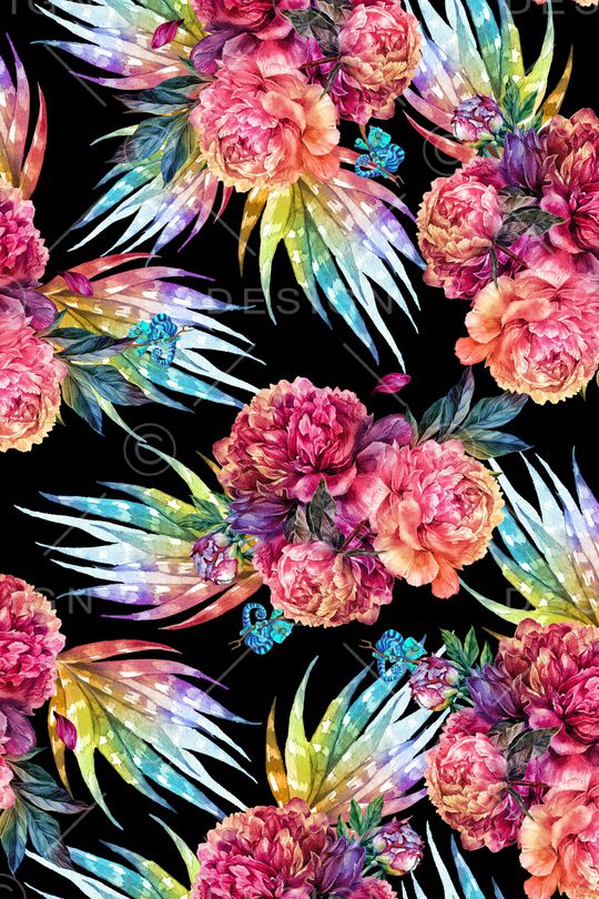 黑底花卉印花华亿平台图片