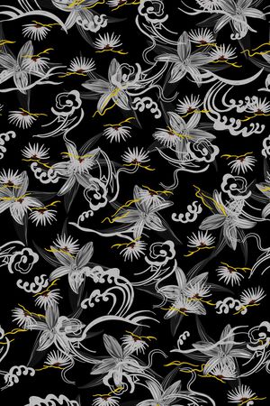 黑底花卉印花华亿平台图片