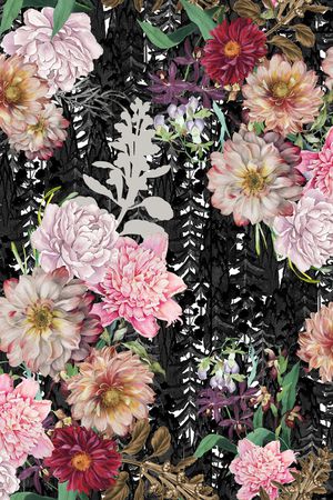 黑底花卉印花华亿平台图片