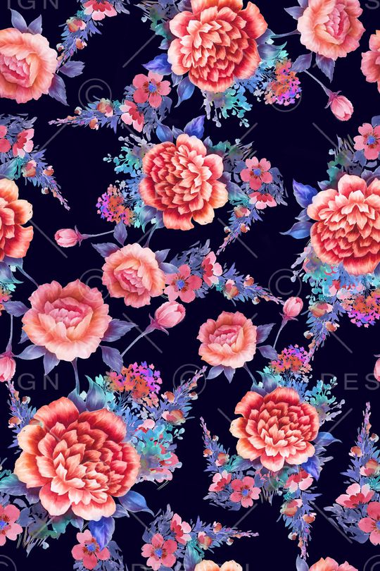 黑底花卉印花华亿平台图片