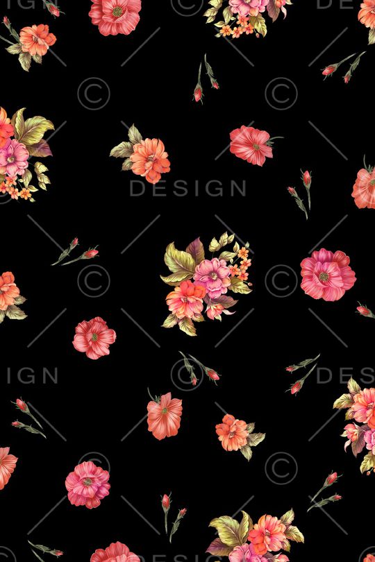 黑底花卉印花华亿平台图片