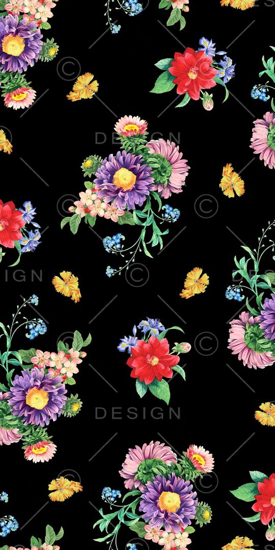 黑底花卉印花华亿平台图片