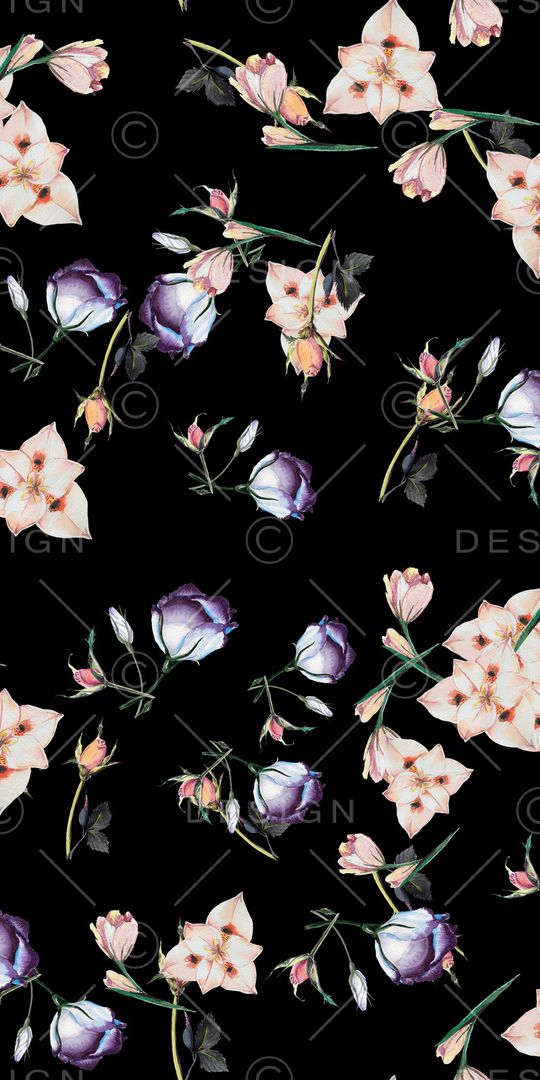 黑底花卉印花华亿平台图片