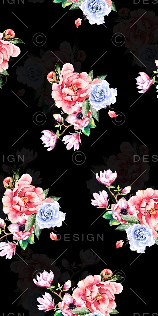 黑底花卉印花华亿平台图片