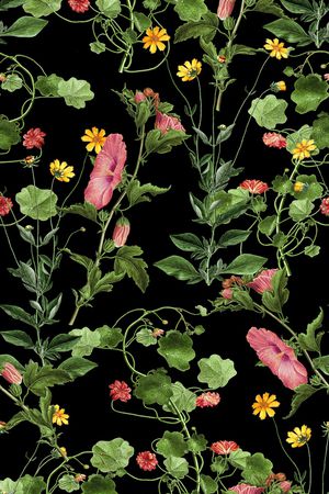 黑底花卉印花华亿平台图片