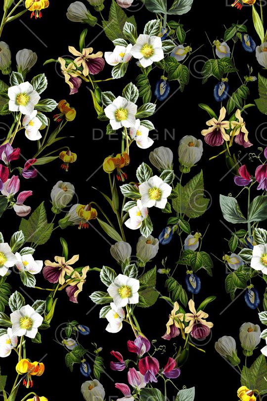 黑底花卉印花华亿平台图片