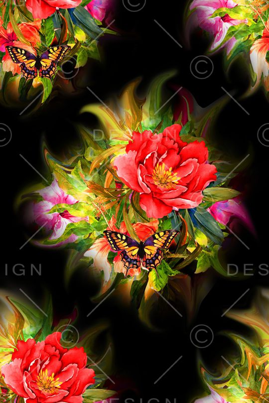 黑底花卉印花华亿平台图片